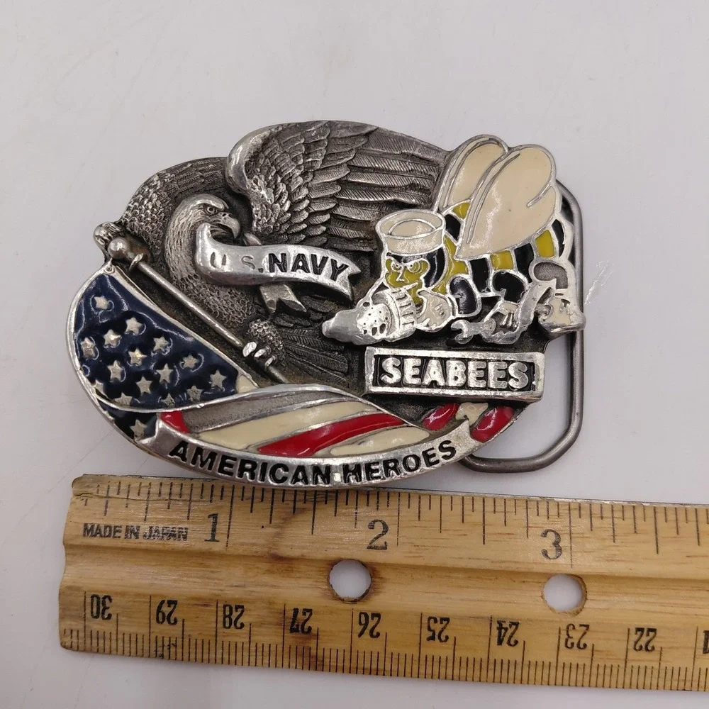 American Heroes U.S Navy SEABEES Eagle Flag Patriotic Solid Pewter Belt Buckle